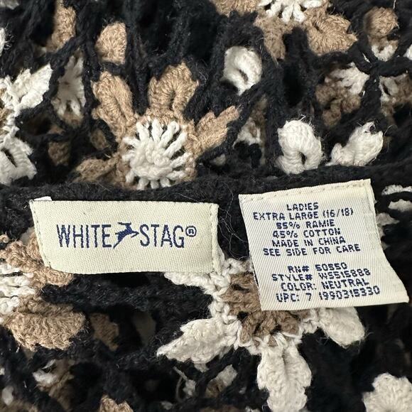 Vintage Floral Crochet Button Up Top Womens L Black White Dark Cottage Flowers - Picture 13 of 14